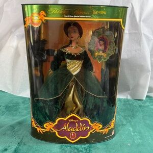 1999 Mattel Disney Aladdin Holiday Princess Jasmine Green and Gold Doll